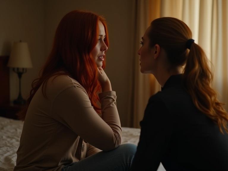 Cinematic scene in a hotel room in Egypt featuring two young women. One woman has red wavy hair and a sad posture. The other woman has yellow wavy hair and is engaged in conversation. Dim lighting and dramatic colors enhance the mood.