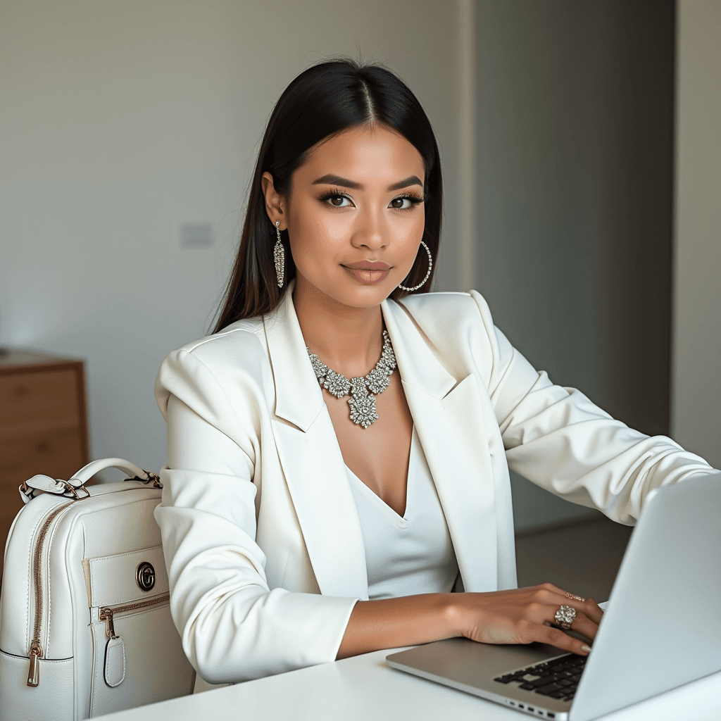 A woman in elegant attire sits confidently at a laptop in a minimalist office setting.