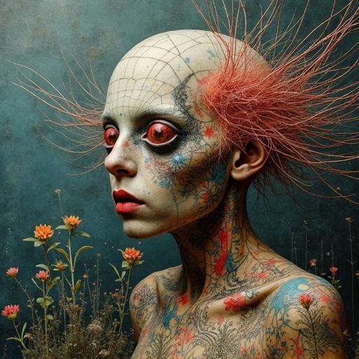 A patchwork masterpiece combining elements of Jacek Jerka, Wojtek Siudmak, and Zdzisław Beksiński. Surrealistic style with unique and colorful designs on the figure's skin. A dreamlike atmosphere with a floral background.