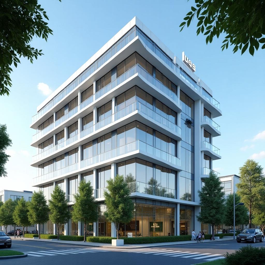 This image shows a modern office building with five stories showcasing a sleek glass and white panel design. The structure promotes professionalism and is surrounded by greenery that enhances the urban environment. The scene is under bright daylight with a clear blue sky.