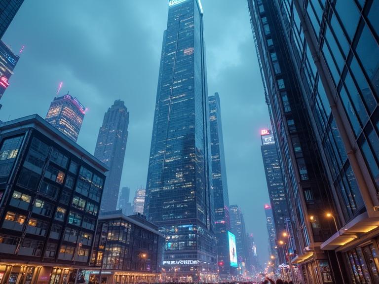 Futuristic skyscraper stands tall with glass facades. City skyline glows with neon lights. The atmosphere is moody and urban.