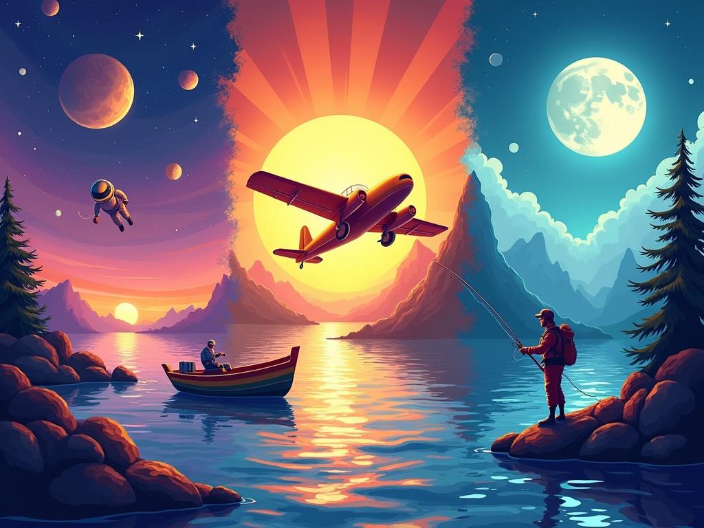 An illustration blends three scenes into one. A space scene features a cheerful spaceman in a purple and blue sky. Center shows a vintage plane flying through a golden sunrise. A fisherman casts his line from a colorful boat on calm waters under a moonlit night. The design transitions seamlessly from space to air to water.