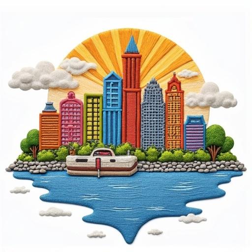 Logo design for EmbroPolis. A vibrant megapolis created from machine embroidery stitches. Features buildings in various bright colors. Includes a boat on the water. Radiant sun and clouds are present in the background.