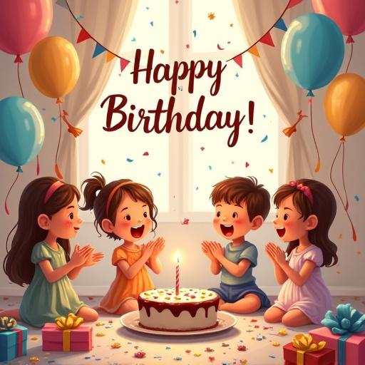 Joyful birthday celebration with children clapping. Colorful decorations with balloons and gifts. Birthday cake with candle in the center. Top left corner has text 'Dear Florence'. Center has festive banner saying 'Wishing you good health, prosperity & success'. Bottom right says 'From BH & family'. Old English cute style.