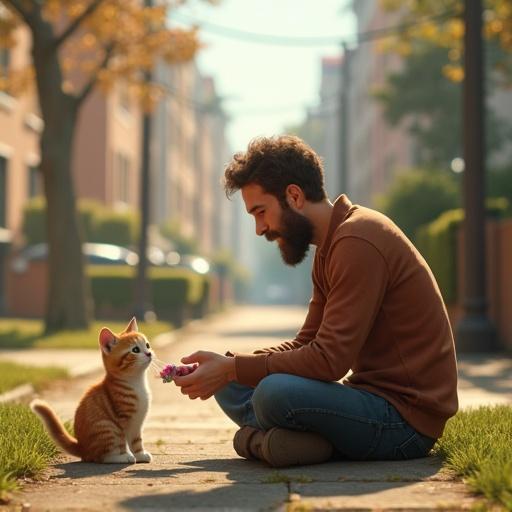 A 40-year-old man with a light beard sits on a residential street playing with a cute cat in a Pixar 3D cartoon style