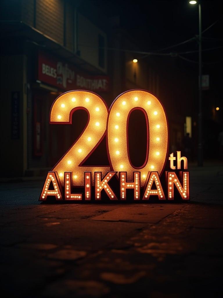 Stylized logo with illuminated text. '20th' transformed to 'ALIKHAN'. Dramatic lighting enhances the scene.