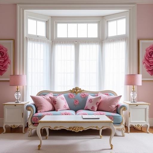 Spacious room with pink rose print sofa on light blue background. White coffee table with gold trim. White end tables with pink lamps and crystal shades. Light pink walls. Big bay window with white sheers and framed pink rose paintings.