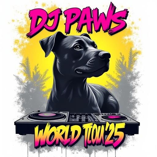 2000s-inspired bootleg rap t-shirt design featuring dog silhouette in grayscale bold neon pink yellow graffiti style text reading DJ Paws at the top World Tour ‘25 at the bottom transparent background distressed retro texture small vinyl record accents high-resolution vibrant colors suitable for white Gildan t-shirt printing