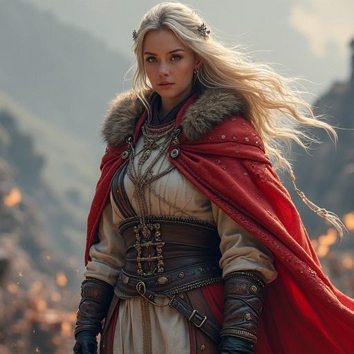 A woman in a striking red cloak with long hair. She stands in a fantasy setting. Intricate details in her attire. Background features a mountainous landscape with a mist.