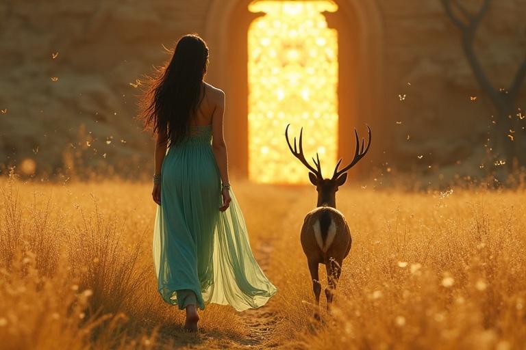 A princess in a turquoise gown follows a deer through golden grass. Ancient glowing gate ahead, covered in ivy. Magical atmosphere with butterflies and dust.