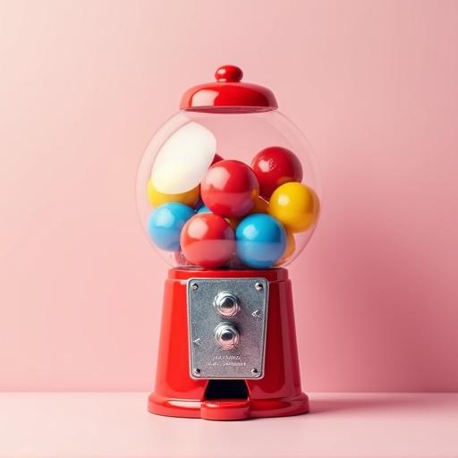 Highly stylized vibrant image of retro gumball machine against soft pastel background. Inside transparent globe colorful gumballs with icons: red balls with camera icon, blue balls with motion play button, yellow balls with star icon. Chrome base, clear 'Turn the knob' label. Eye-catching, modern social media post aesthetic. Clean shadows, bright lighting.