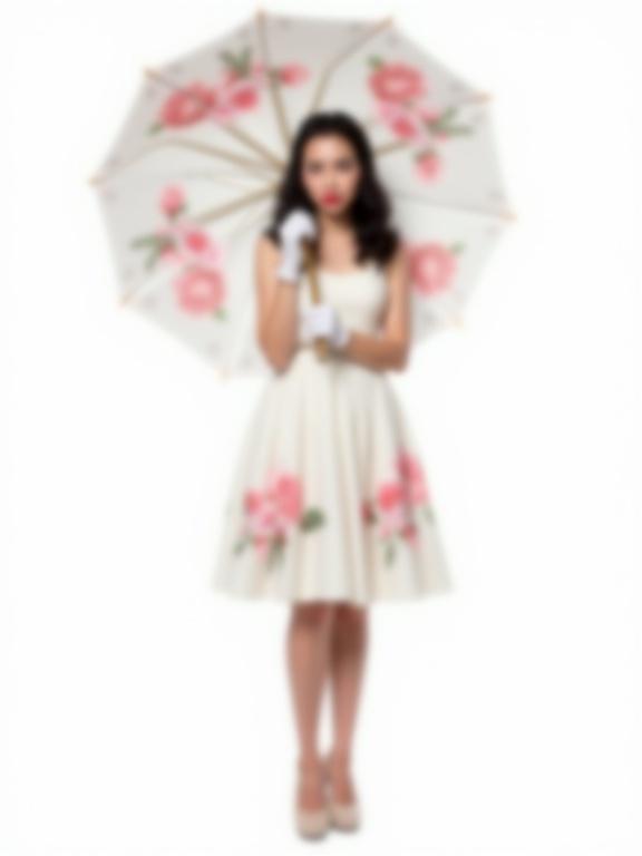 A young woman stands in full-length pose. She holds a large, open umbrella with a floral pattern. She wears a white dress embellished with pink roses. The woman wears white gloves and high heels. Her dark hair is styled in loose curls. She looks directly at the camera with a serious expression. The background is clean and white.