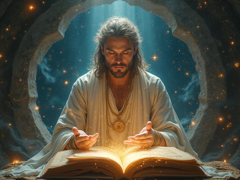 Depict a divine personality surrounded by various forms of knowledge. The setting includes elements of science and spirituality. The figure displays a strong thirst for knowledge with engaging visuals.