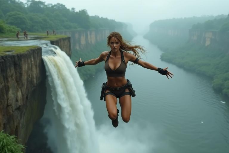 Dramatic left-side mid-air angle captures Lara leaping off cliff's edge. Her body arched in freefall over mist-covered lake. Arms stretched, golden hair trailing. Wears soaked dark brown crop top, tight tactical shorts, black thigh straps, rugged brown boots. Full figure silhouetted against cloudy sky and waterfall. Tribal cannibals behind at cliff's edge, frozen in fury. Wide framing shows waterfall, jungle walls, Lara's leap into mysterious lake.