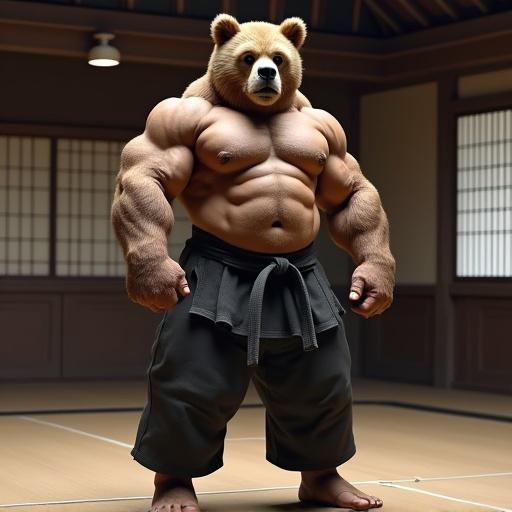 A huge strong muscular bodybuilder with a bear head. He is wearing a judo gi and black belt. He is barechested with large muscular thick full pecs and abs. Make his pecs and abs bigger thicker fuller and more muscular. His feet and ankles are muscular large and thick. He is standing barefoot in a traditional dojo.