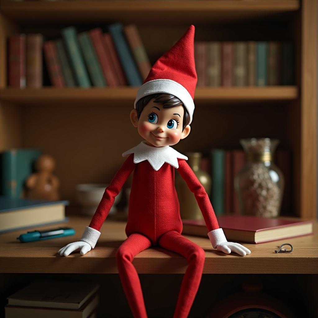 Elf on the Shelf character sits on a wooden shelf. Books are in the background. Cozy holiday setting. Elf is writing a message. Red outfit with a pointed hat.