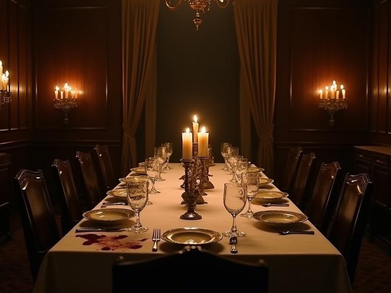 Haunting vintage dining-room scene from the 1930s. Dim warm candlelight illuminates a long mahogany table. Set for thirteen with delicate china and crystal glasses. Dark wood paneling and heavy curtains cast shadows. An empty seat marked while an overturned chair and faint crimson smear hint at hidden drama. Tense atmosphere as if a secret just revealed.