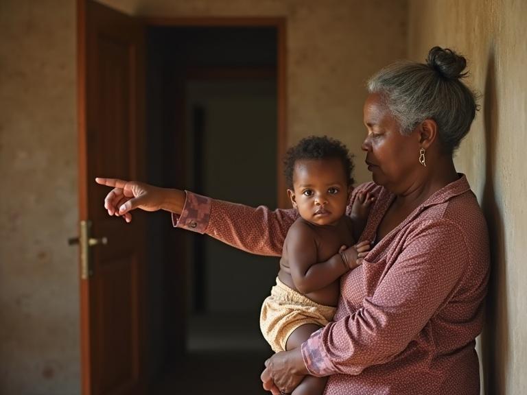Image features a woman holding a baby and pointing towards a door. She appears to be directing an elderly woman to leave. The scene has a warm, familial setting.