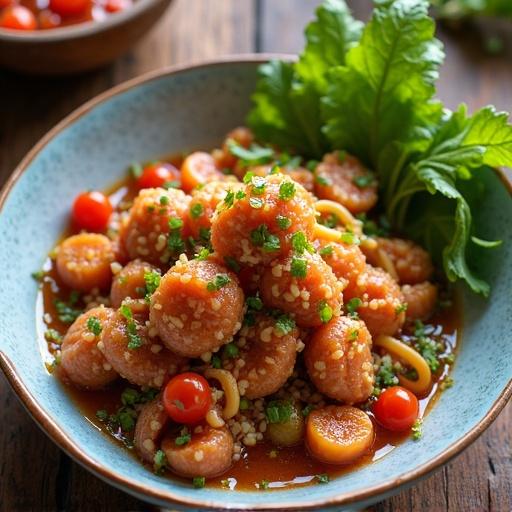A vibrant dish consisting of small dumplings in a savory sauce topped with herbs and cherry tomatoes in a bowl