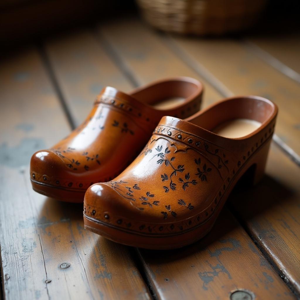 Beautifully crafted wooden clogs sit on rustic wooden floor. Clocks show intricate designs blending artistry and tradition. Warm wood tones highlighted by soft diffused light. Reflect cultural significance of craftsmanship. Suitable for functional footwear or as decorative art.