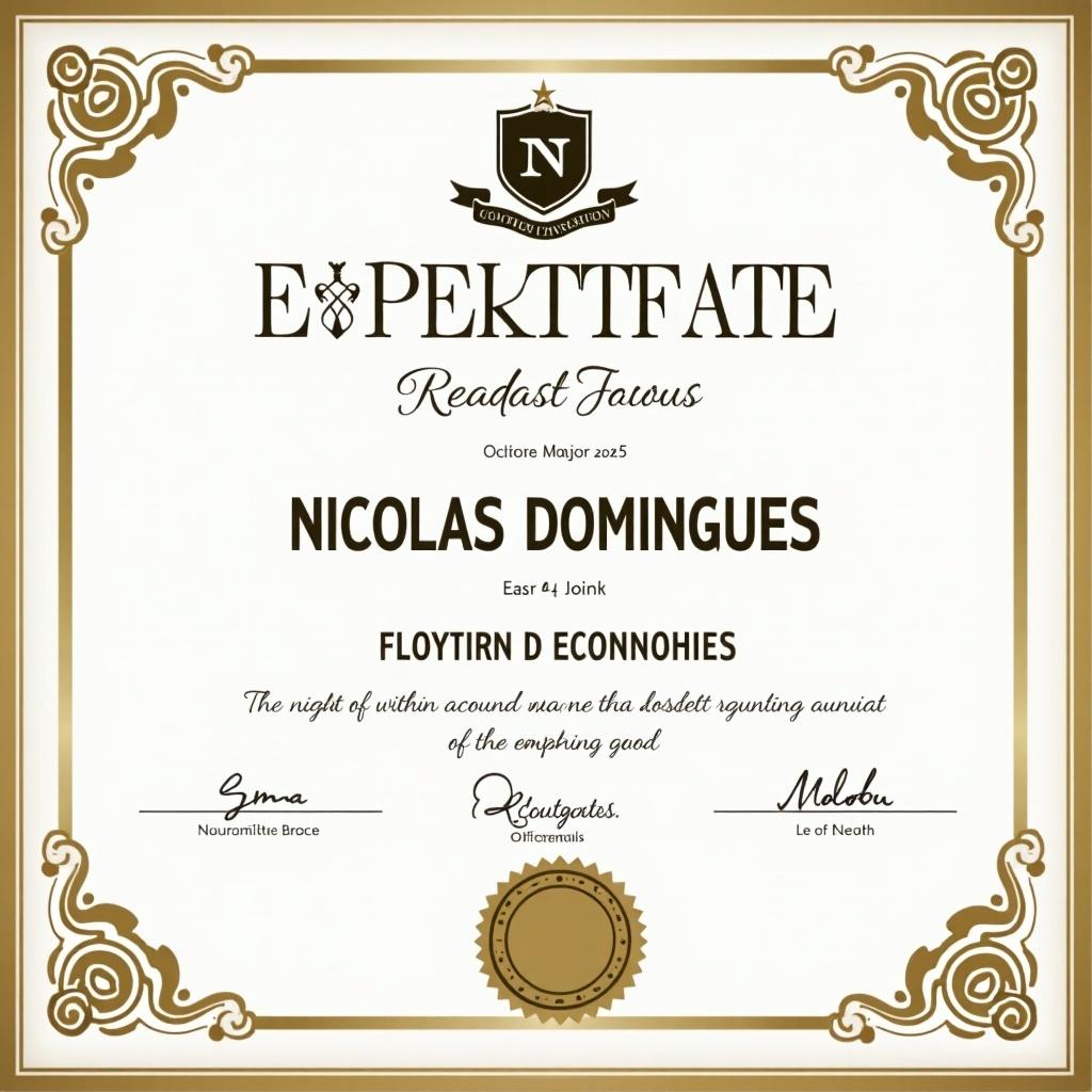 Enrollment University certificate. Name is Nicolas Domingues. Date spans September 2024 to September 2025. Date of birth is 6 October 1999. Major is Economics. Realistic appearance.