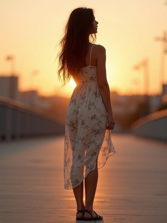 Woman with dark brown hair in a light summer dress standing outdoors at sunset. Urban city background with distant buildings and warm evening light. Minimalist strappy sandals complement her style. Intimate and dynamic composition, capturing her expression and presence.