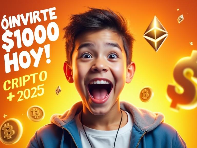 Vibrant and eye-catching YouTube thumbnail. Young excited person with wide enthusiastic smile. Bright sparkling eyes looking directly at viewer. Short dark hair, modern casual outfit, blue jacket, white shirt. Dynamic background with orange and yellow gradient. Floating cryptocurrency icons glowing around them. Bold white text at top: ¡INVIRTE $1000 HOY! Playful sans-serif font. Smaller text below: CRIPTO 2025 🚀 in yellow. Composition clear, colorful, optimized for 1280x720px resolution.