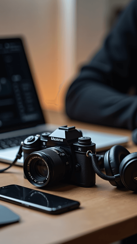 A vintage camera, a smartphone, and headphones rest on a wooden desk beside an open laptop.