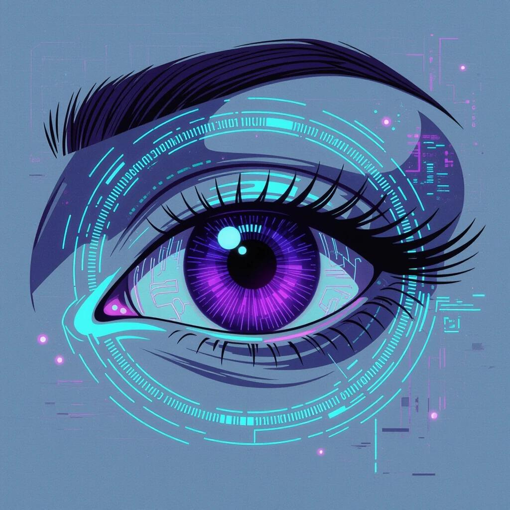 Detailed illustration of a retro cyberpunk eye. Futuristic vintage aesthetic inspired by 80s/90s visuals. Iris glows in deep purple with neon digital tones. Concentric circular patterns in neon green. Flowing lines of binary code and holographic overlays. Metallic eyelid with geometric lines. Dark background with glitch effects.