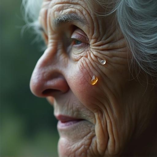 Close-up shot of an elderly woman's face with a teardrop containing her younger self. The setting is misty with soft lighting creating an emotional atmosphere.