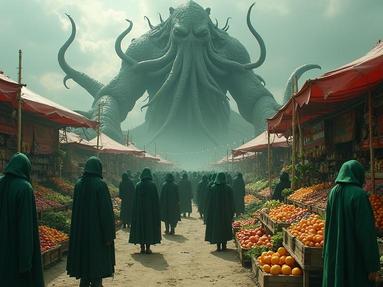 A photograph illustrating a massive farmers market. Hooded cultists with green and purple robes are shopping for bizarre fruits and vegetables. A gigantic Cthulhu god looms above the scene, creating an ominous atmosphere.