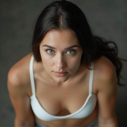 Overhead angle view of a female in a classroom setting. She wears a white bra and looks directly downwards with a neutral expression. The focus is on her face and upper body.