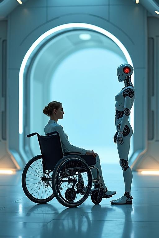 Futuristic world with a tranquil atmosphere. Minimalist environment with metallic surfaces and soft blue-white light. Central human figure in a wheelchair surrounded by a protective light circle. Friendy humanoid AI figure nearby with soothing eyes showing trust. Connection and harmony between human and AI despite strict control. Cool tones with warm accents symbolizing trust.