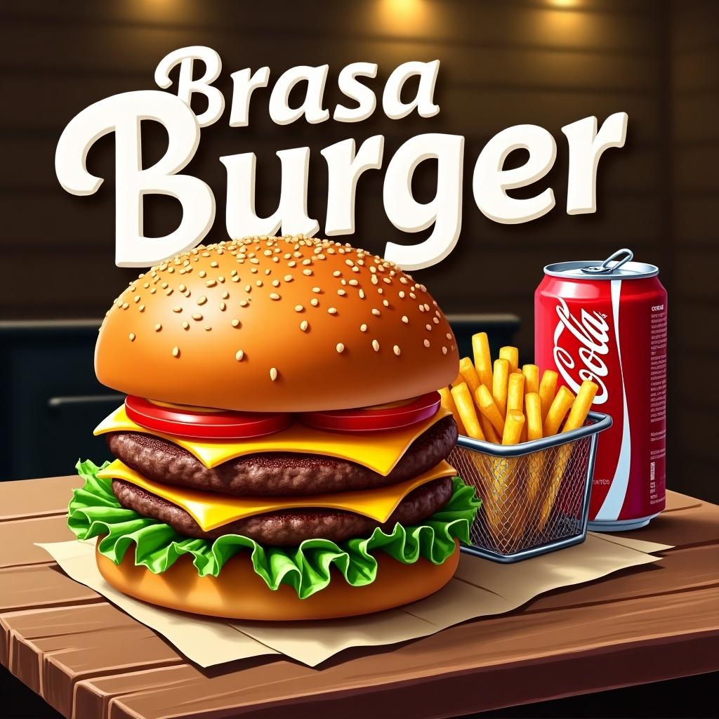 This illustration showcases a vibrant and mouthwatering hamburger. The burger features a glossy, golden-brown bun adorned with sesame seeds. Inside, fresh green lettuce, a perfectly cooked beef patty, and melted cheddar cheese are layered. Tomato slices and a hint of sauce can be seen peeking out. Beside the burger, crispy French fries are served in a metallic basket. A condensation-covered can of Coca-Cola sits next to the fries. The text 'Brasa Burger' is displayed in a bold, modern font above the image, all set against a rustic wooden table background.