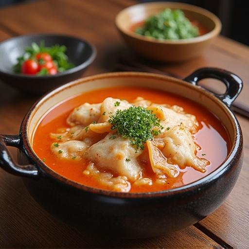 A bowl of dumplings in a tomato sauce garnished with parsley on a wooden table with another bowl of garnished greens in the background