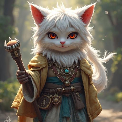 Character Y'shtola Rhul depicted in a lush forest setting. Soft fur ears protrude from a mystical robe. The attire shows intricate details and colorful accessories. The scene conveys a magical atmosphere.