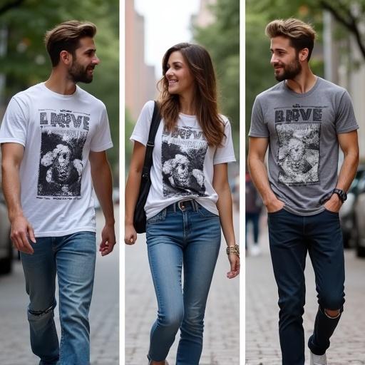 Models walk on urban streets wearing printed T-shirts. Daytime scene captures a vibrant atmosphere. Each model showcases a different style with casual jeans. Images combine to form a striking visual composition. 