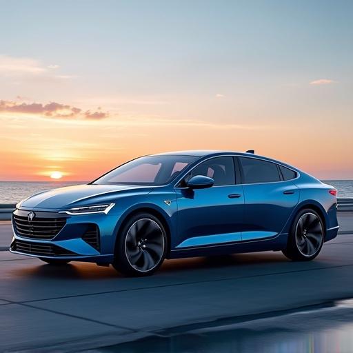 Image of 2025 Harbor Tides midsize sedan in blue color driving by the beach at sunset. Car has aerodynamic design and wave-inspired lines. Showcases elegant features including slim LED headlights and fastback trunk. Highlight the dynamic angles and sporty stance of the car.
