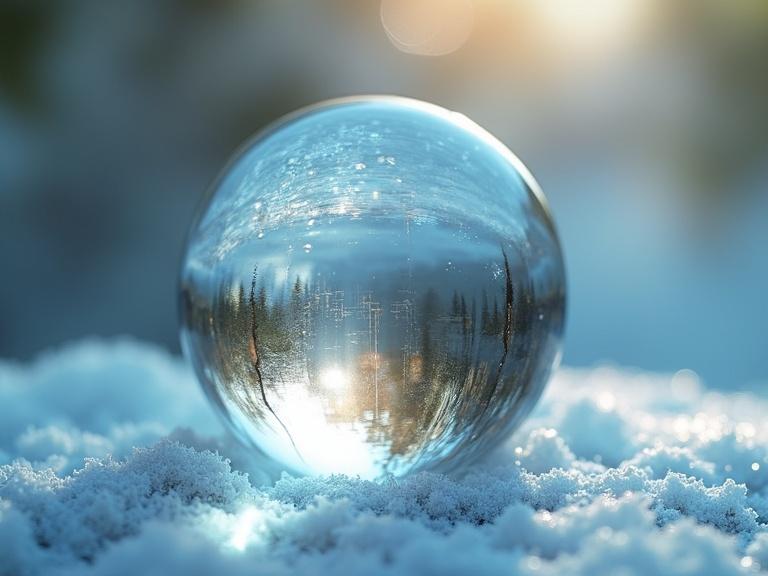 A crystal-clear glass orb rests on snow. The orb reflects its surroundings. Soft natural light casts a warm glow. The scene conveys a tranquil winter ambiance.