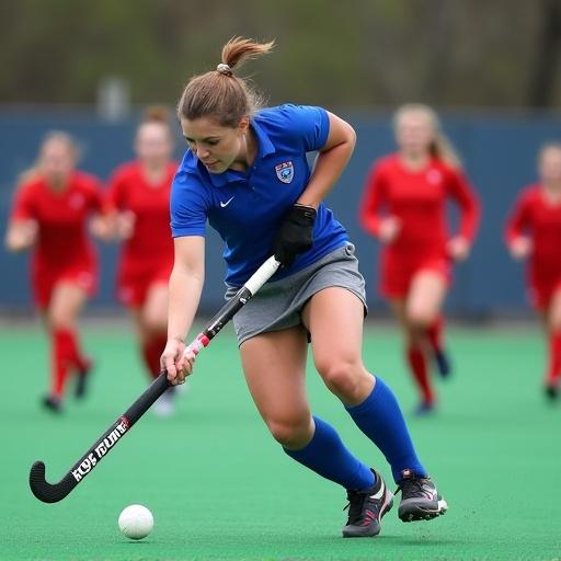 Field hockey player in blue snatching the ball away from an opponent. Opponents in red running towards her from all directions. Green field background.