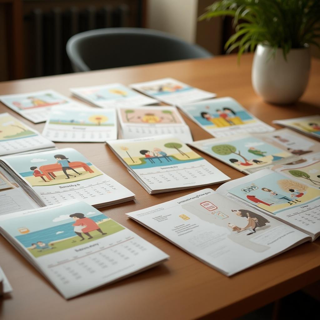 A collection of calendar pages is spread out on a wooden table. The pages feature engaging illustrations of various activities. A plant is in the background. The scene conveys a sense of organization and creativity.