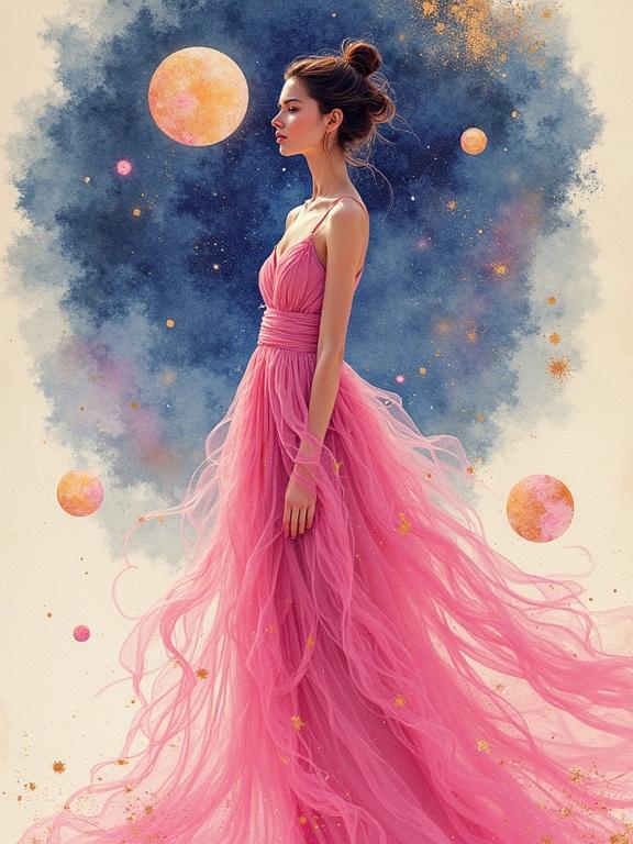 Full body view of a lady wearing a flowing pink dress. Futuristic astral style portrait. Holographic image on luminous parchment. Sacred geometry embellishments. Astral space background. Whimsical and evocative. Ink sketch with watercolor details.