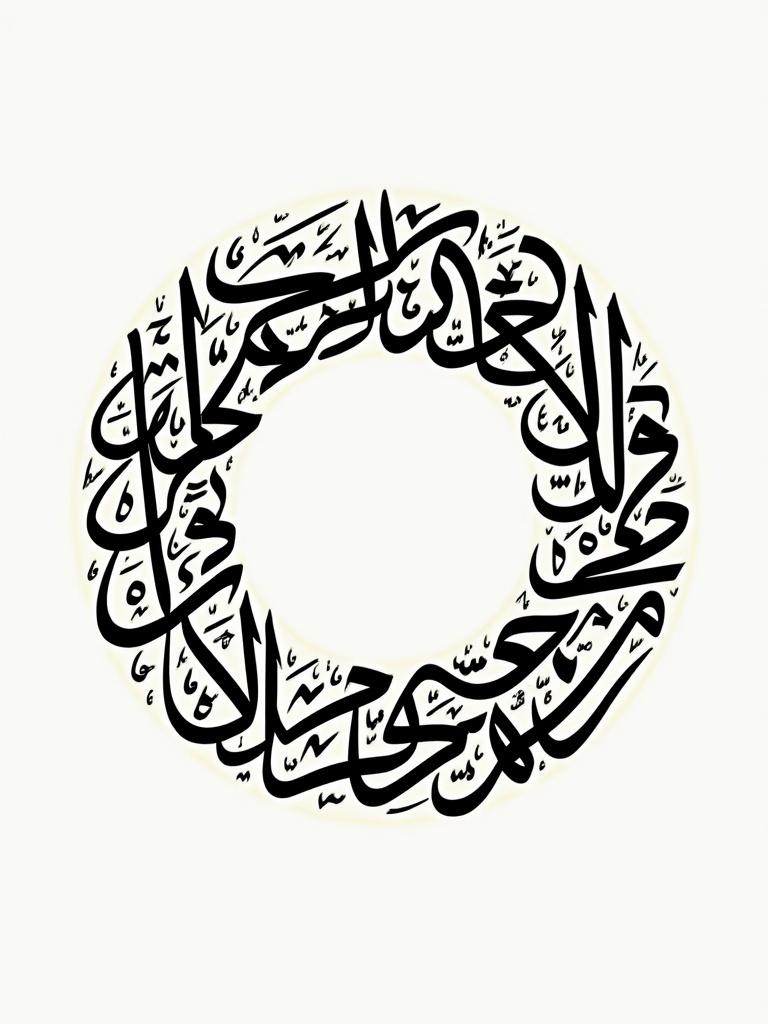 Circular Arabic calligraphy design featuring the name الإسلامية. Elegant intricate patterns complete a circular border.