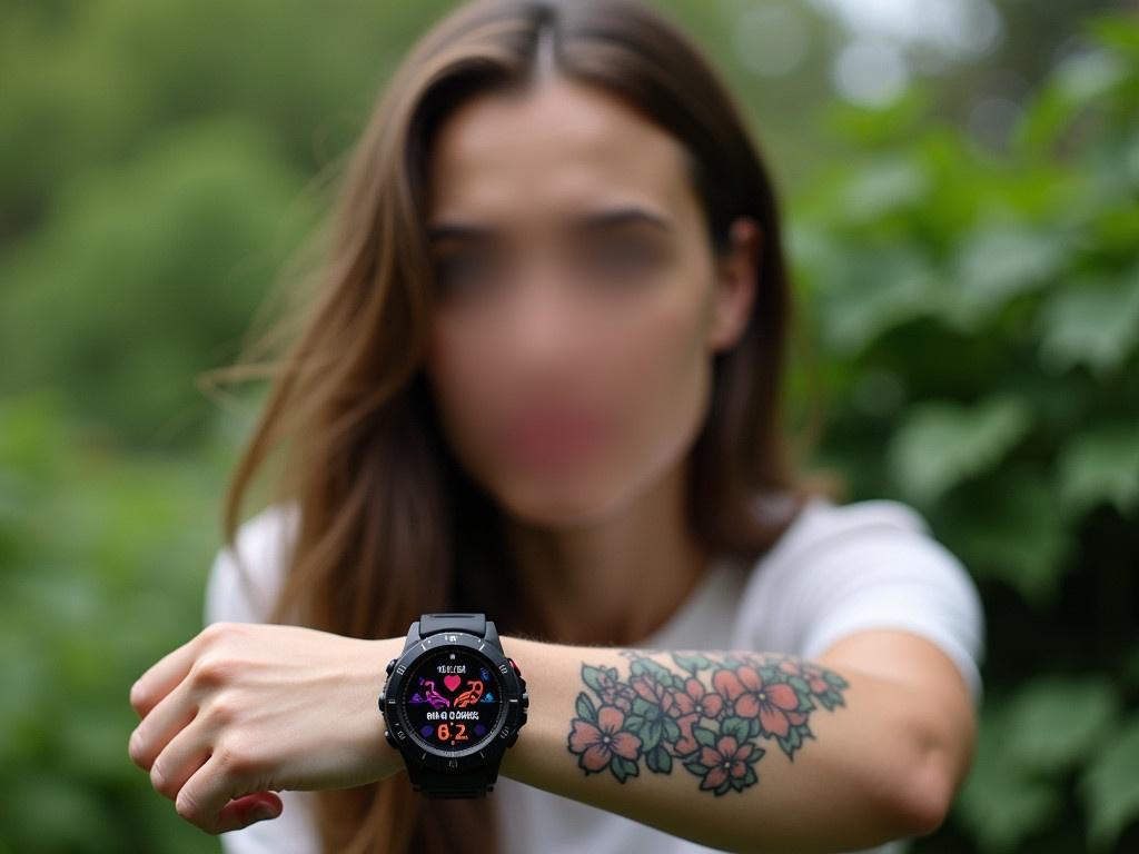 The image shows a person with a blurred face due to privacy reasons. They are outdoors surrounded by greenery, indicating a natural setting. The individual is wearing a black watch with a colorful digital display that shows heart rate and other metrics. Their arm is tattooed, featuring floral motifs that add personal style. The person is in a casual attire, suggesting they might be enjoying a relaxed day out in nature.