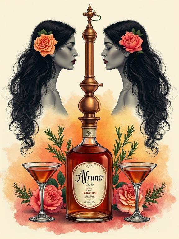 Stylized illustration showcasing two women in profile with flowing hair and flowers. Grayscale skin contrasts with vibrant background. Central copper distillation apparatus with Alfruno liqueur bottle below. Two cocktail glasses filled with liqueur. Colorful flowers and rosemary around the bottle. Warm watercolor-style background.
