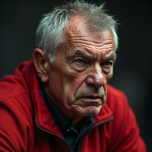 Portrait of an older man with gray hair in a red jacket. Intense expression on his face, capturing a moment of deep thought.