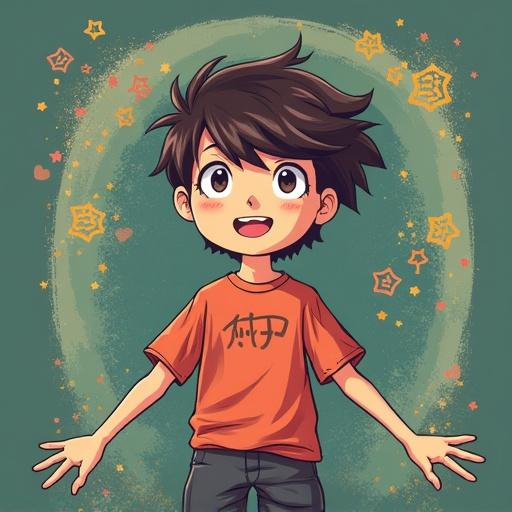 Illustration of a cute boy with spiky black hair wearing an orange shirt. The character is cheerful and facing forward. Background has a playful design with stars.