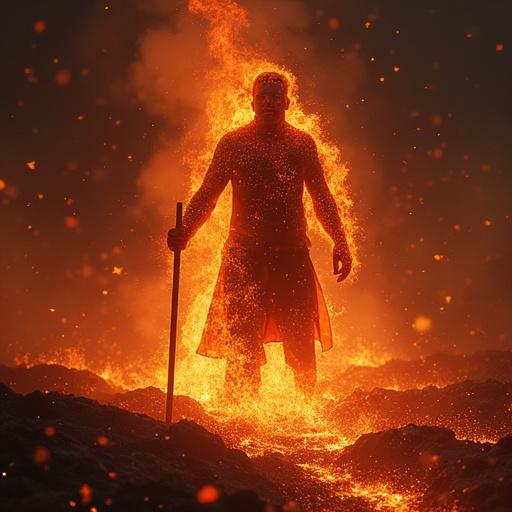 Image of a silhouette of a man surrounded by fire. Man stands with a staff in a volcanic landscape. The setting is intense and dramatic with fiery elements.