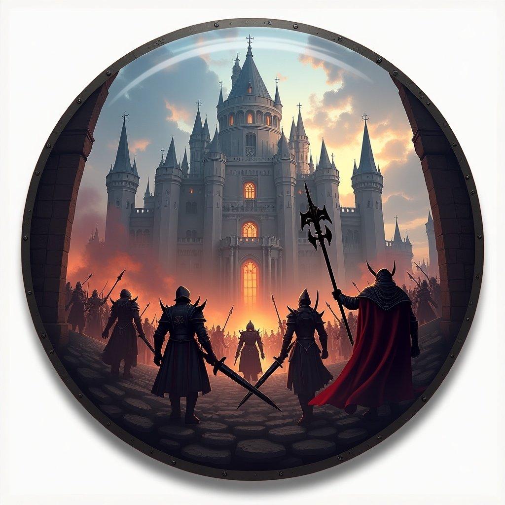 The image portrays a fantasy-themed gaming badge inspired by the Lords Mobile game. It features iconic characters like Oath Keeper and Rose Knight standing before a majestic castle. The castle is surrounded by a dramatic battlefield with silhouettes of enemies. The color palette consists of deep blues and golds, giving an epic feel. The design is circular with dimensions tailored for production. The overall tone captures the essence of fantasy and adventure in gaming.