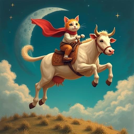 Cat rides a cow in a whimsical scene. The cow leaps joyfully over a crescent moon.